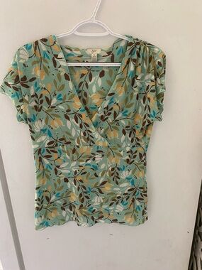 J. Jill Seafoam Green Floral Surplice Blouse
